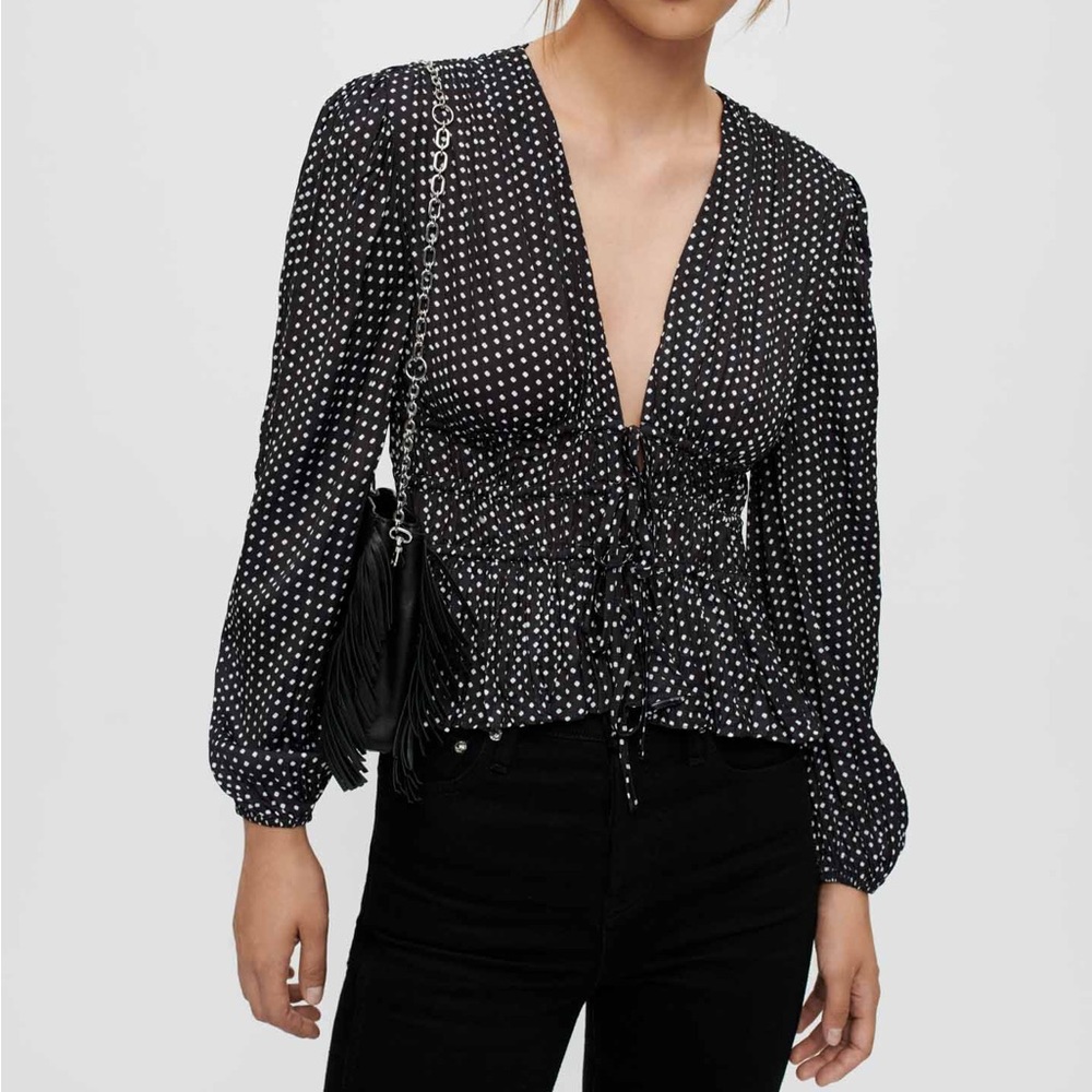Maje lianito clover polka dot black white ruffled front ties long sleeve blouse